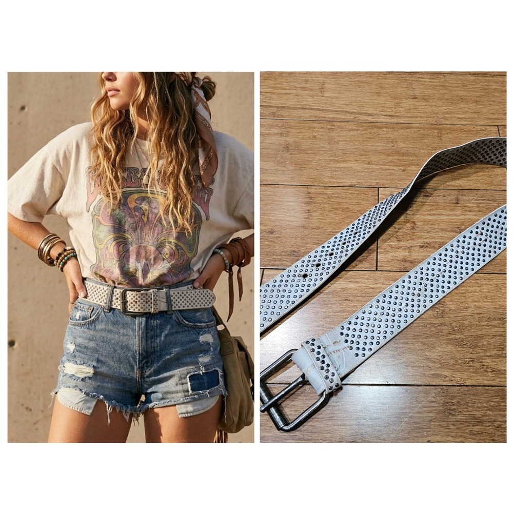 Faconni Studded Leather Belt Womens 38 Gray Distressed Made in Italy